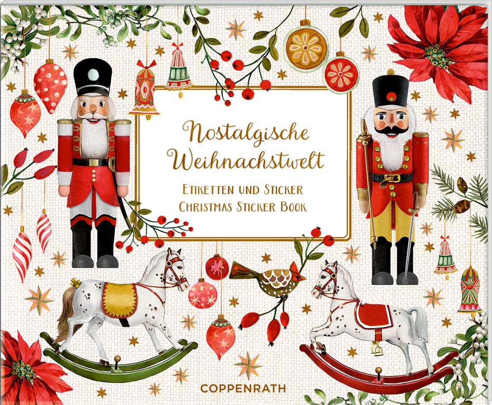 Festliches Weihnachtsstickerbuchcover mit Nussknackern, Schaukelpferden, Weihnachtssternen und Schmuck.