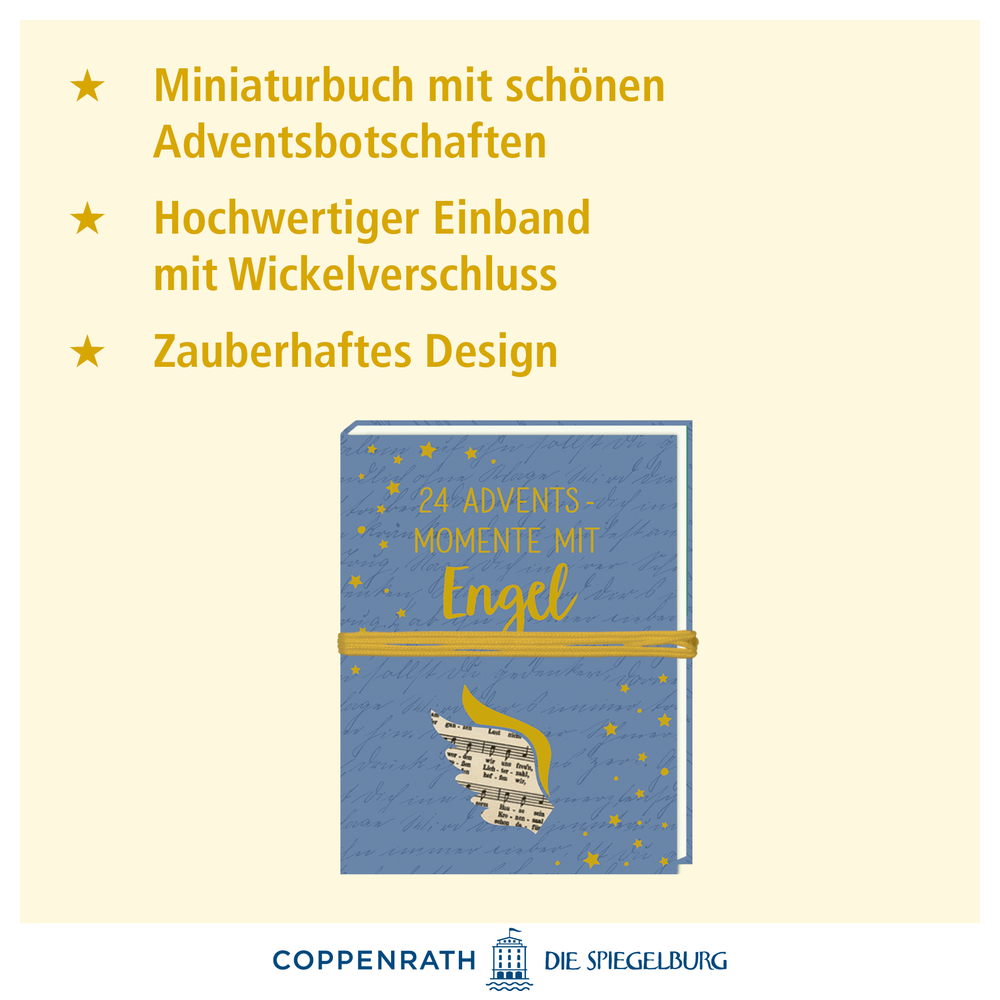 Blaues Miniaturbuch mit goldenen Sternen, Schriftzug „24 Adventsmomente mit Engel“ und gelbem Wickelband.