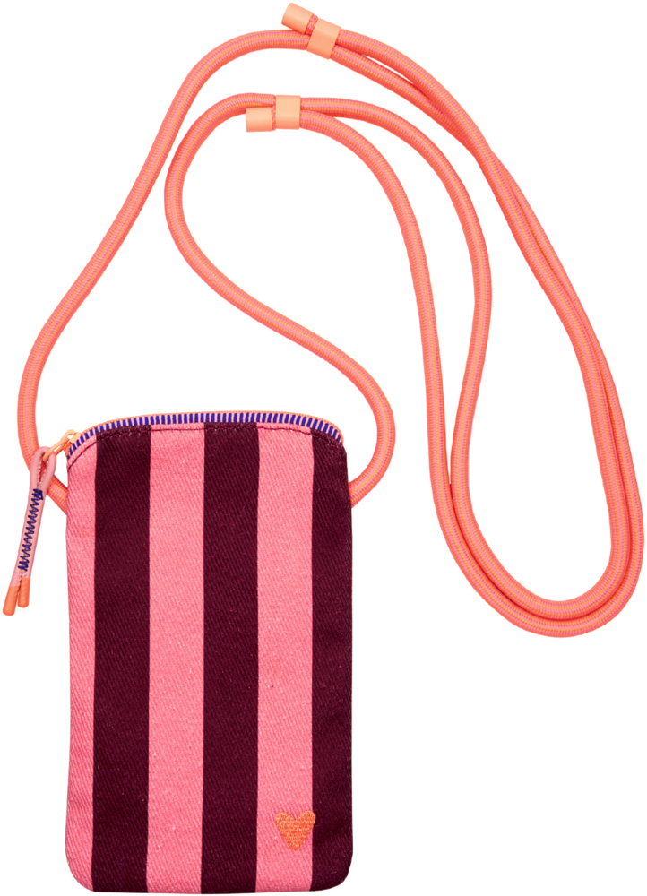 Kleine Umhängetasche mit pink und bordeauxfarbenen Streifen, aprikotfarbendem Reißverschluss und passender Kordel.