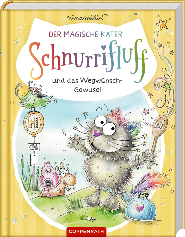 Illustriertes Buchcover von "Schnurrifluff und das Wegwünsch-Gewusel" mit einer flauschigen graue Katze, bunte Details, eine Schnecke und skurrile Hintergrundelemente.