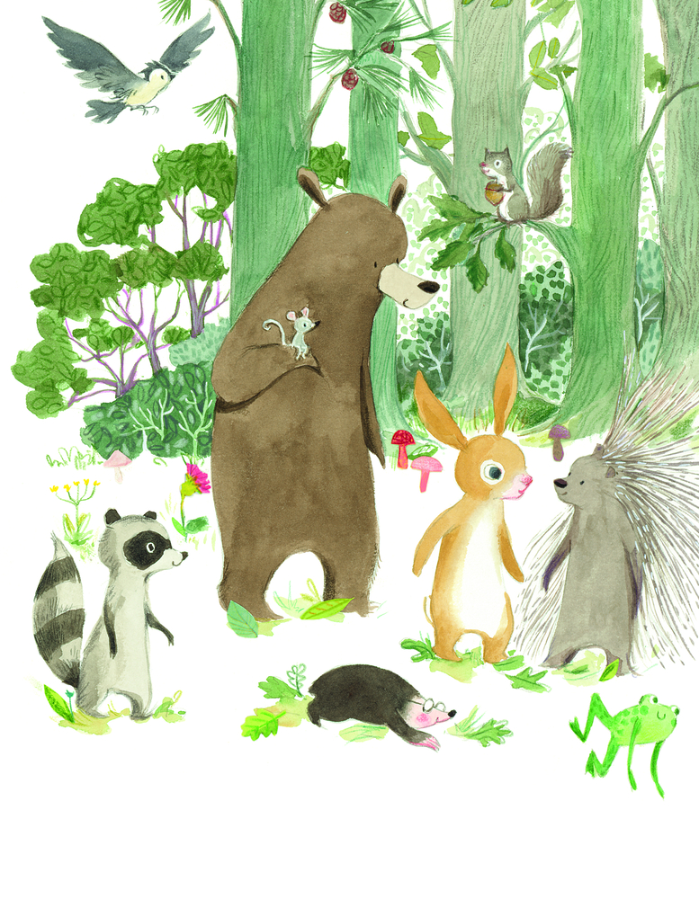 Waldtiere: Bär, Kaninchen, Waschbär, Stachelschwein, Maus, Eichhörnchen, Maulwurf, Frosch und Vogel zusammen illustriert.