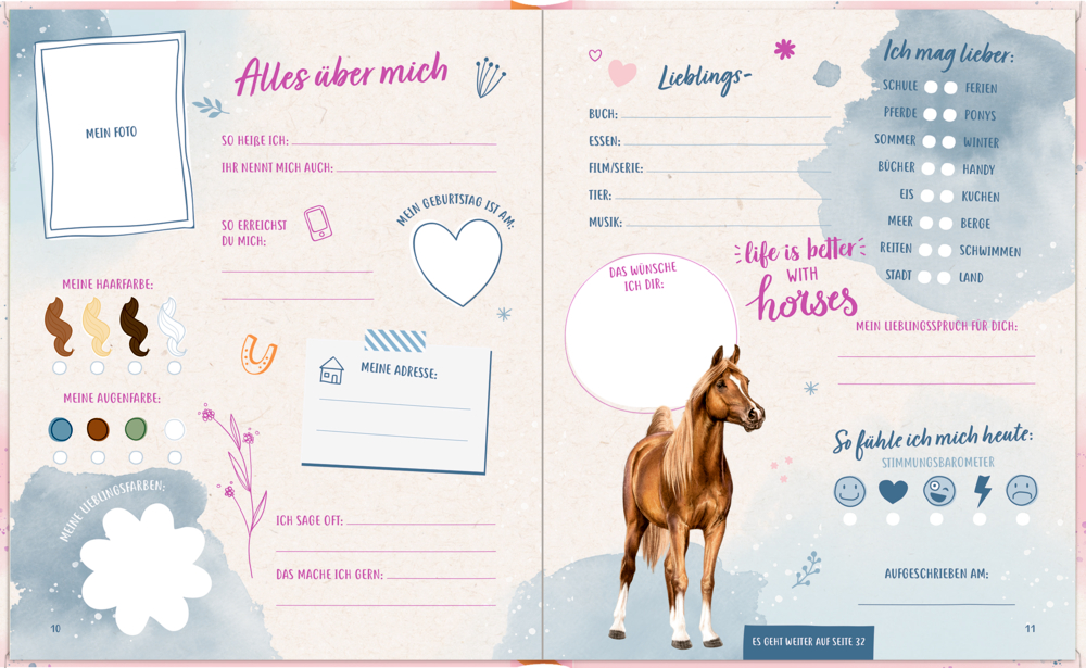 Freundebuchseiten zum Eintragen mit braunem Pferd, Pastelltönen und verspielten Kritzeleien – illustriert.