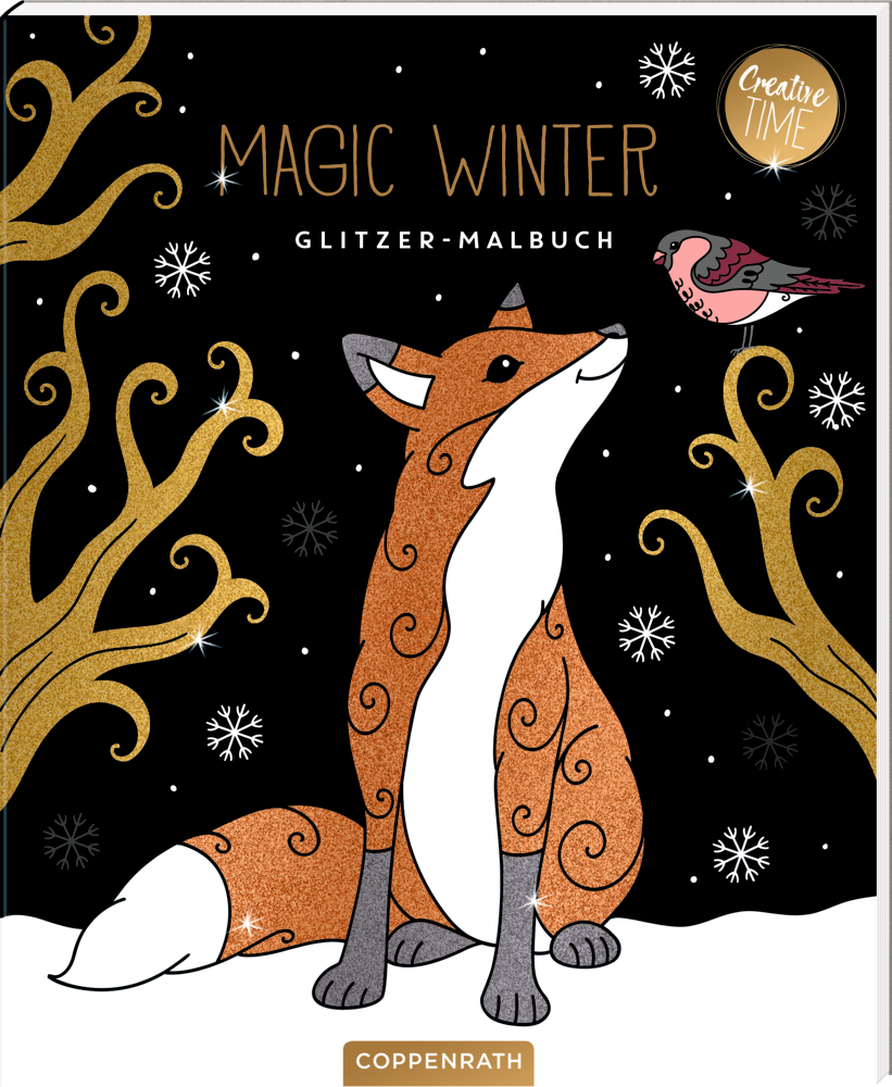 Ein Fuchs blickt zwischen goldenen Bäumen und Schneeflocken zu einem Vogel auf; Text: „Magic Winter Glitzer-Malbuch.“.