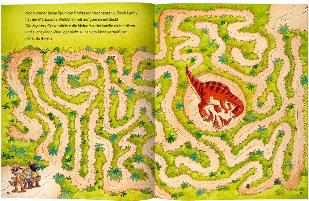 Ein Dinosaurier bewacht ein Nest in der Mitte des Labyrinths, während drei Tiere in Entdeckerkleidung am Eingang nach einem Weg suchen.