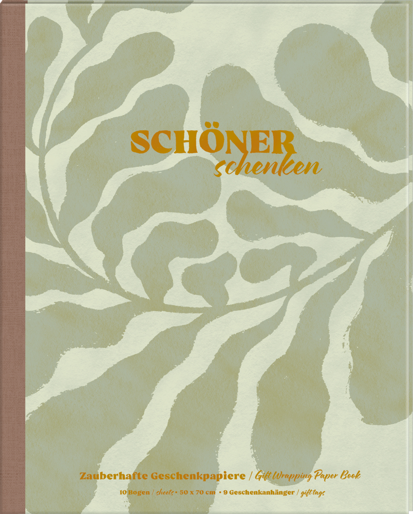 Geschenkpapier-Buch: Schöner schenken - Colours of the Seasons Abstrakter hellgrüner und beiger Buchumschlag mit goldenem Titel: „Schöner schenken.