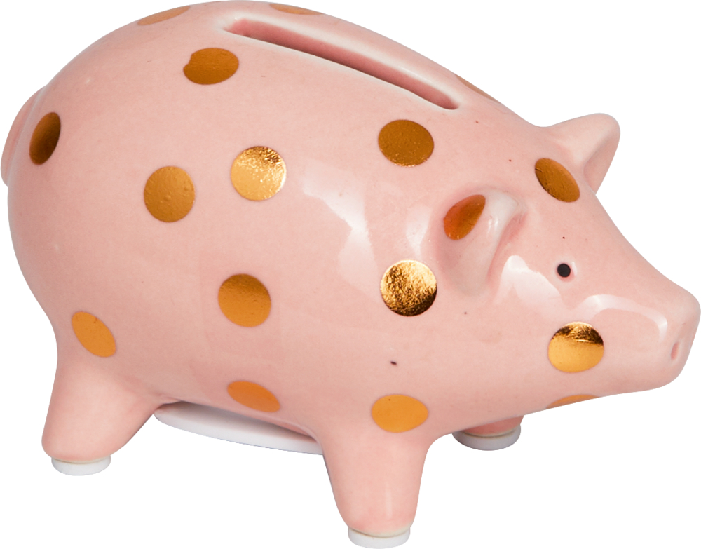 Kleines Keramik-Sparschwein - Viel Glück Rosa Sparschwein mit goldenen Punkten, Münzschlitz oben und vier weißen Füßen.