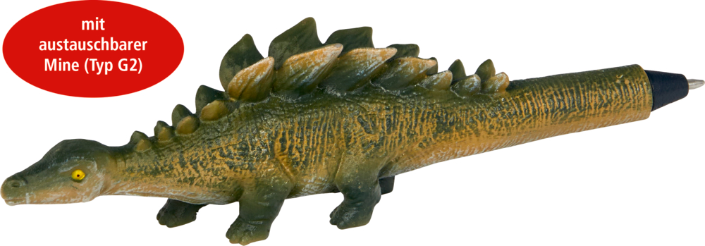 Stift in Stegosaurus-Form mit einem roten deutschen Etikett auf der linken Seite.