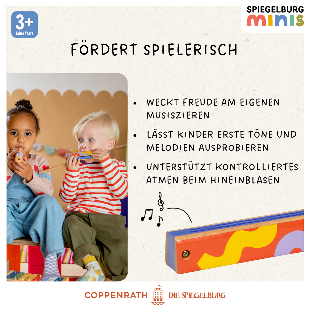 Zwei Kinder spielen mit bunten Harmonikas. Text zeigt Vorteile für Musik und Atmung ab 3 Jahren.