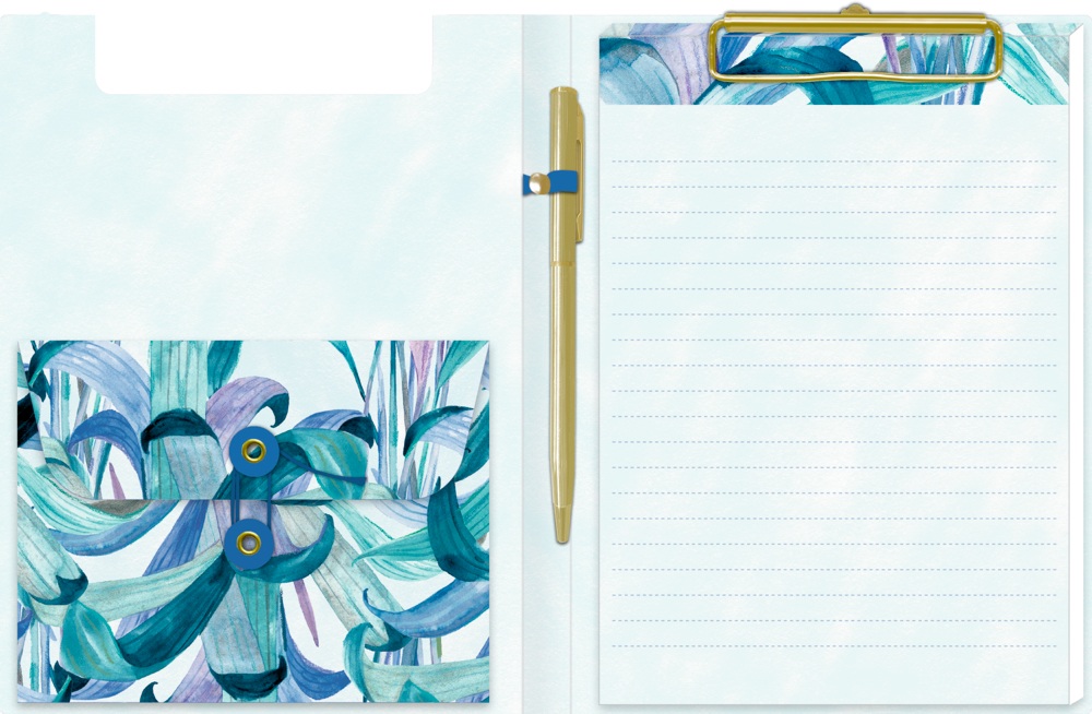 Aufgeschlagene Mappa mit goldenem Stift, blau gemustertem, eingeklebtem Umschlag und Briefpapier.