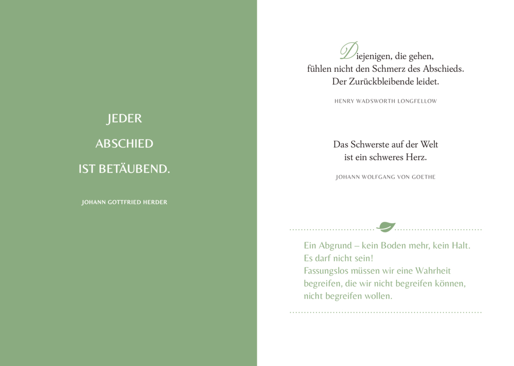 Abschiedssprüche in Grün und Schwarz auf weißem Grund, auf einer Doppelseite.