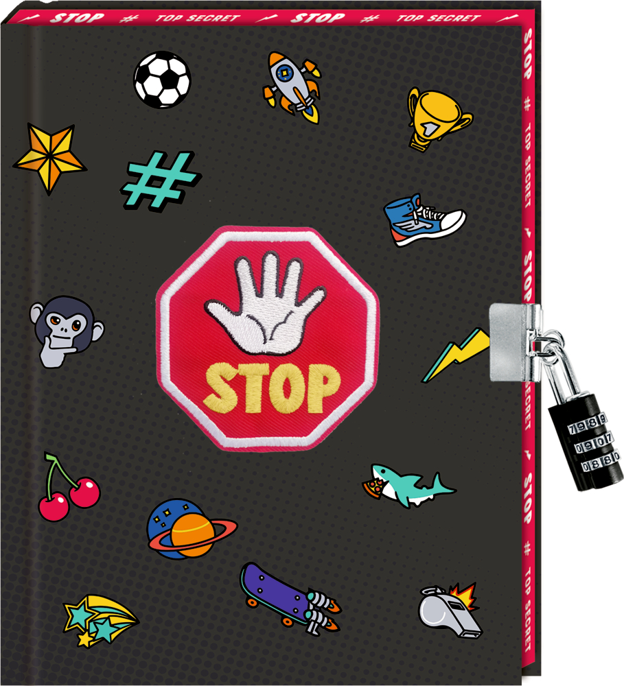 Tagebuch: STOP - Top Secret Schwarzes Tagebuch mit einem „STOP“-Schild, bunten Motiven und einem silbernen Zahlenschloss.