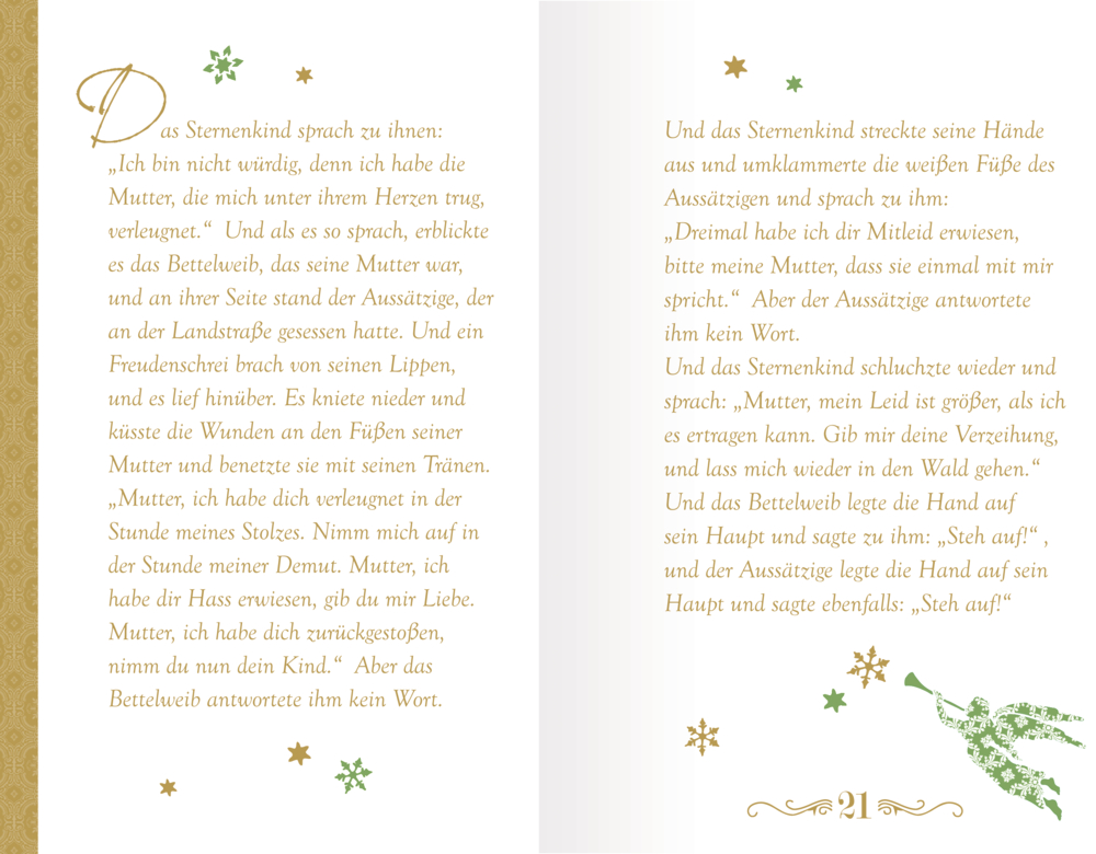 Adventskalenderbuchseite mit goldenen und grünen Sternen, Text und einem Engel in der unteren rechten Ecke.