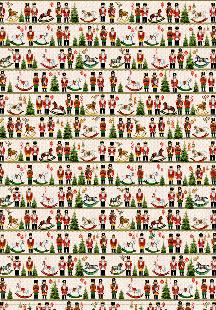 Reihen von Nussknackern, Vögeln, Tannen und Rentieren bilden ein festliches Weihnachtsmuster.