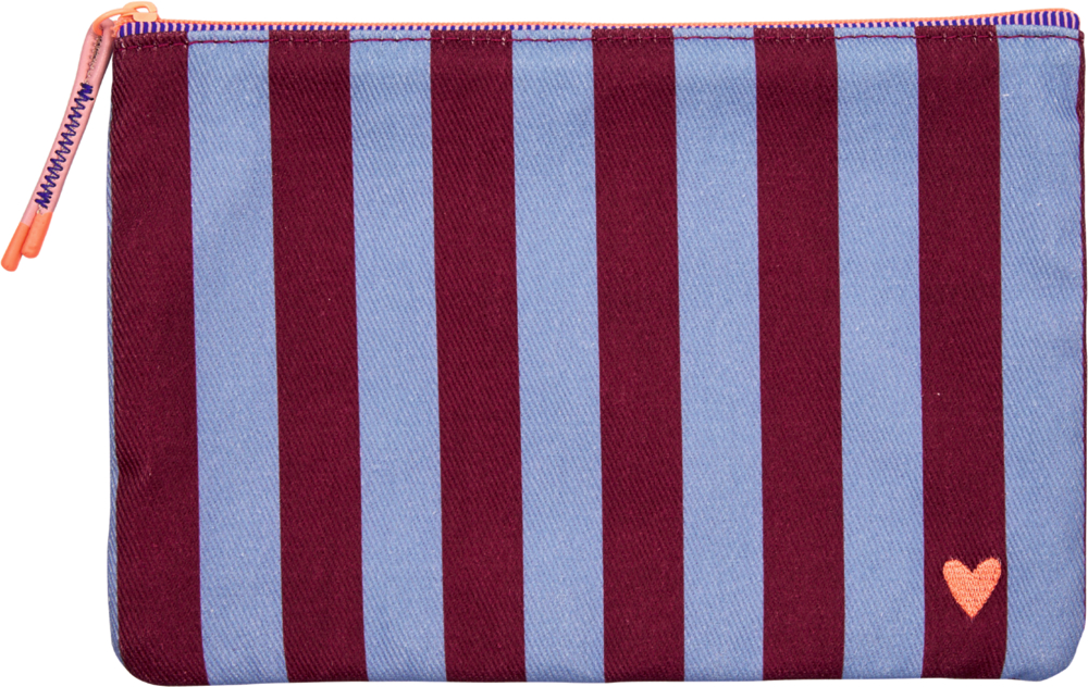 Rechteckige Stofftasche mit breiten vertikalen Streifen in Blau und Dunkelrot sowie kleinem orangefarbenem Herz unten rechts.