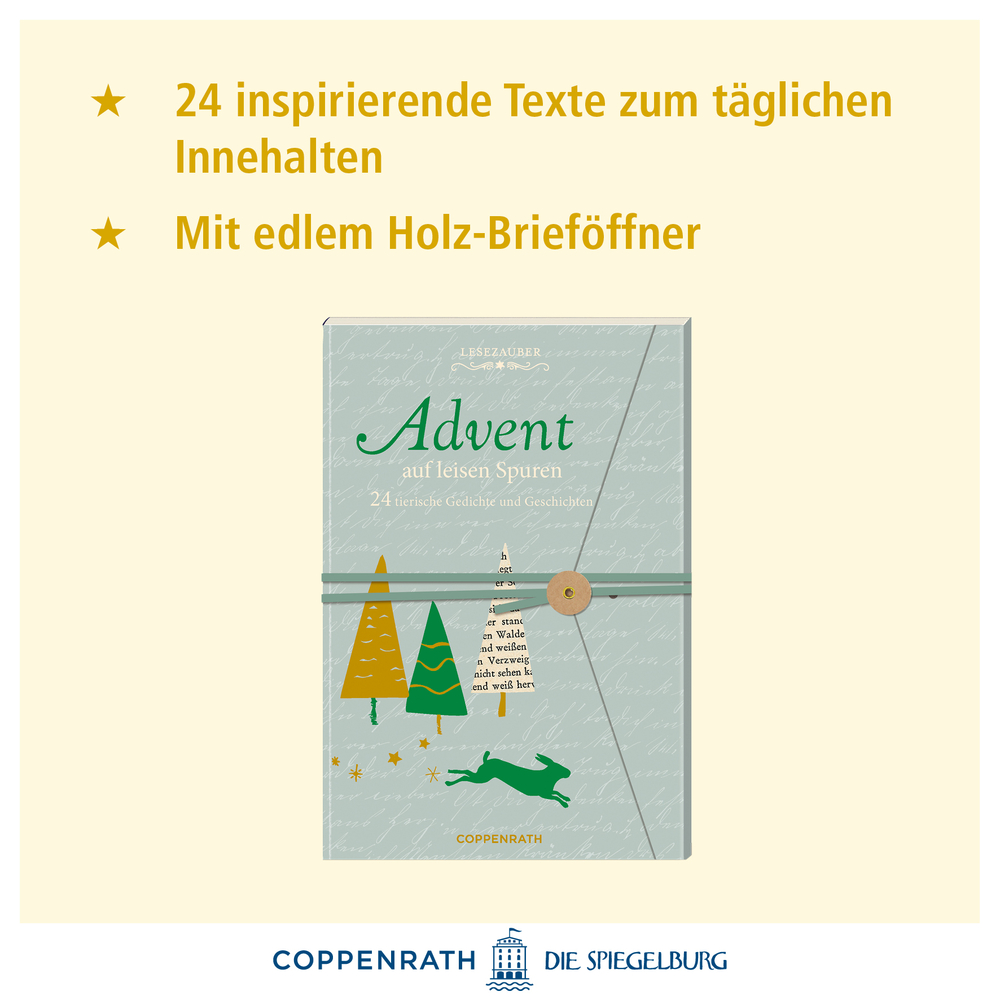 Hellblaues Buch mit der Aufschrift „Advent auf leisen Spuren“ und Illustrationen von Bäumen und einem springenden Hasen.
