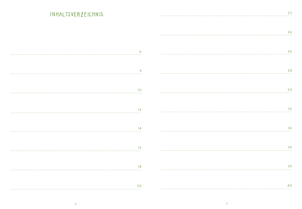 Inhaltsverzeichnis mit gepunkteten Linien und grünen Seitenzahlen auf weißem Hintergrund.