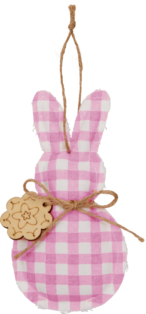 Hasenanhänger aus rosa und weiß kariertem Stoff mit Schnuraufhänger und Blumenakzent aus Holz.