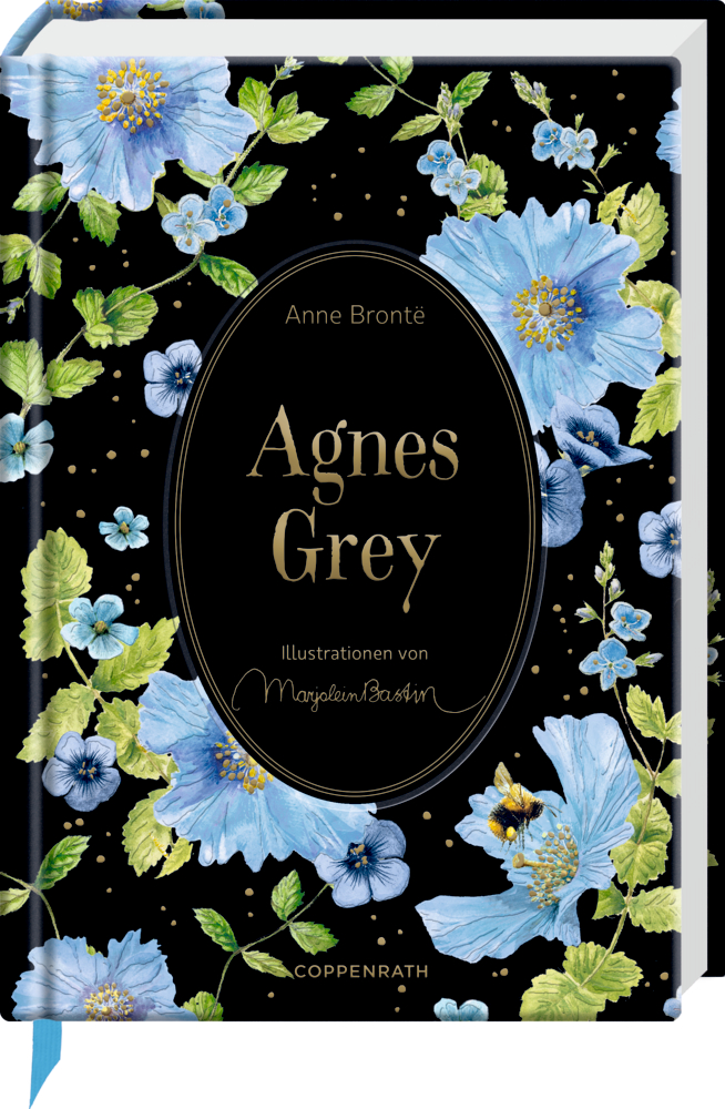Große Schmuckausgabe (Bastin): Anne Brontë, Agnes Grey "Agnes Grey" von Anne Bronte, das Buchcover zeigt blaue Blumen und goldene Punkte auf schwarzem Hintergrund.