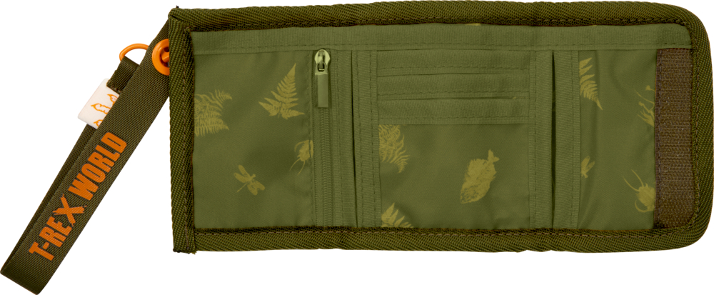 Olivgrüne aufgeklappte Geldbörse mit Farn- und Insektenaufdruck, Reißverschlusstasche, Kartenfächern und T-REX WORLD-Armband.