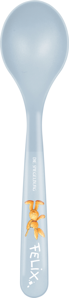 Hellblauer Löffel mit einer kleinen braunen Kaninchenillustration und dem Namen „Felix“ auf dem Griff.