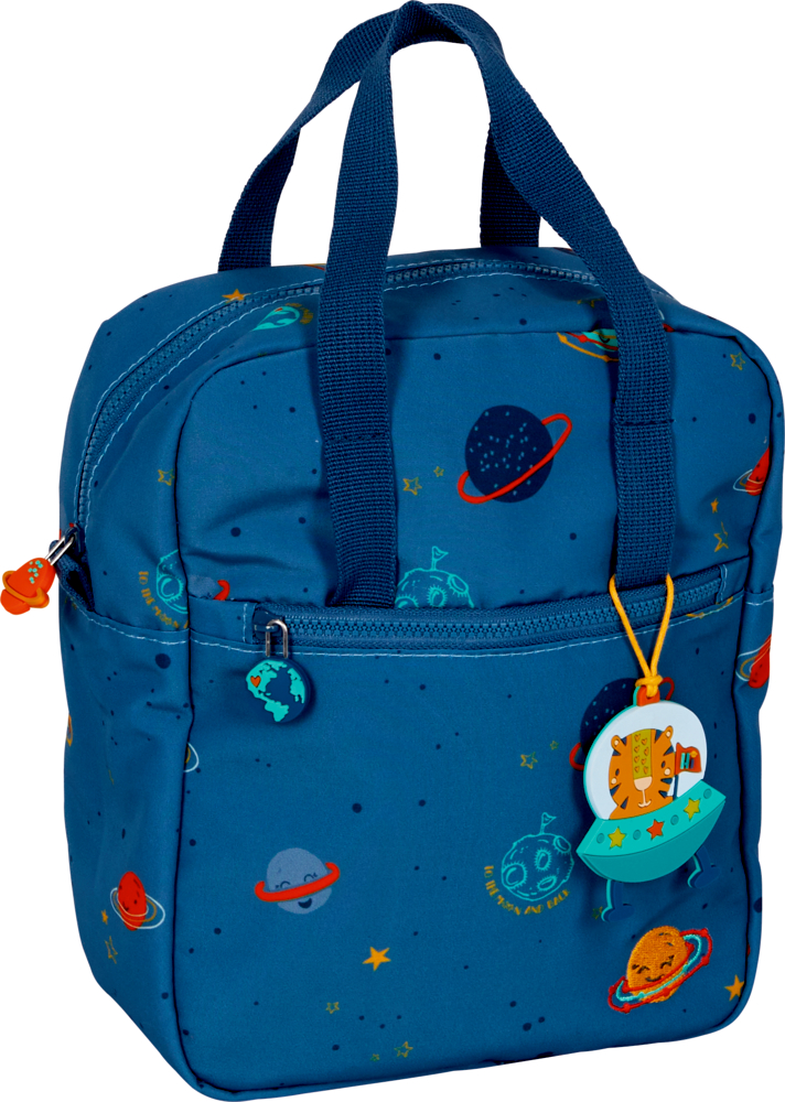 Rucksack Planeten - Kleine Freunde Blauer Kinderrucksack mit Weltraum- und Planetendesigns, marineblauen Griffen und einem Tiger-Raumschiff-Schlüsselanhänger.