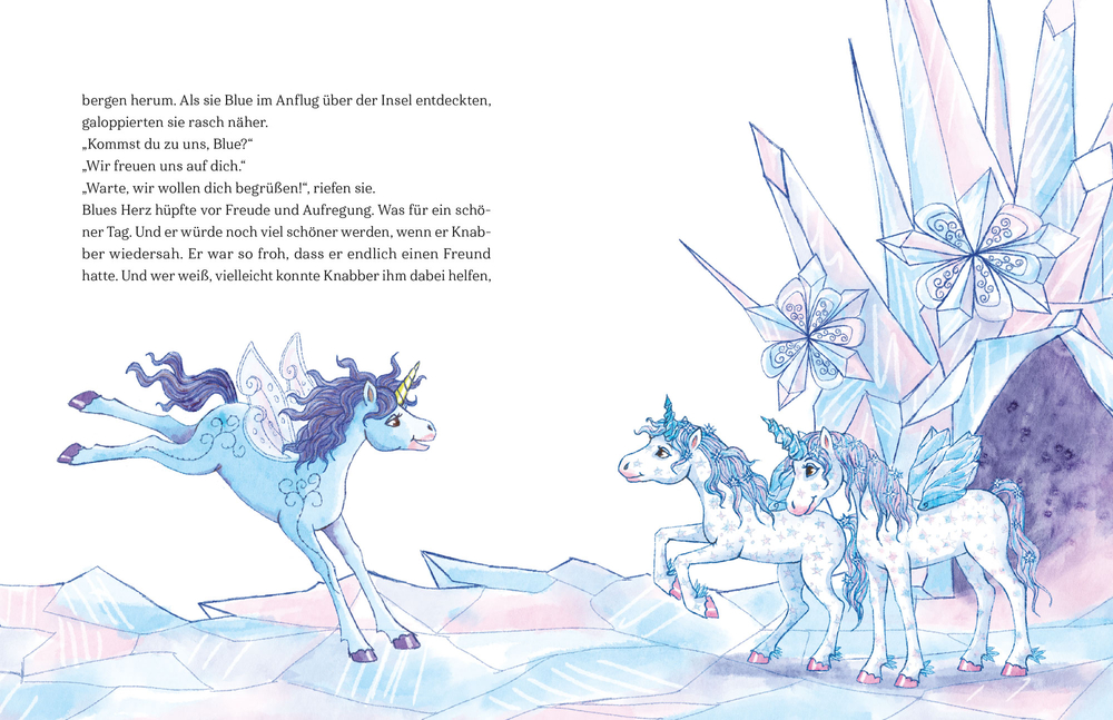 Zwei Einhörner springen durch eine bunte Landschaft mit Bäumen, Blumen, Schnecke und zwei Hasen.