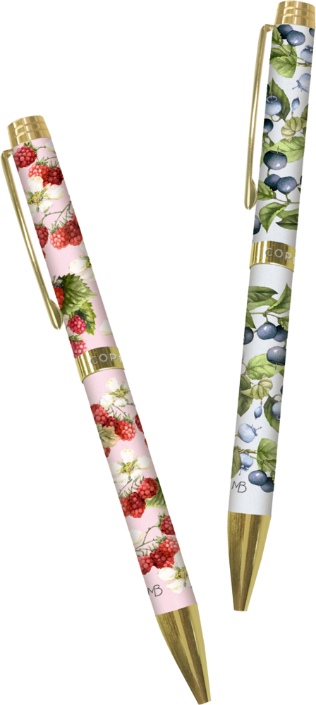 Zwei Stifte mit goldenen Akzenten, einer mit Himbeermuster, einer mit Blaubeermuster.