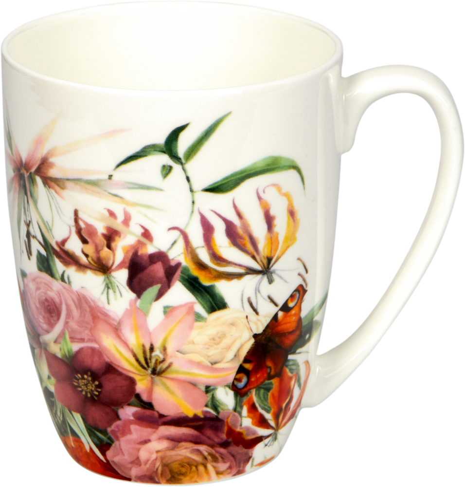 Porzellan-Tasse Blütenzauber - M. Bastin Weiße Porzellantasse mit lebendigem Blumen- und Schmetterlingsmuster.