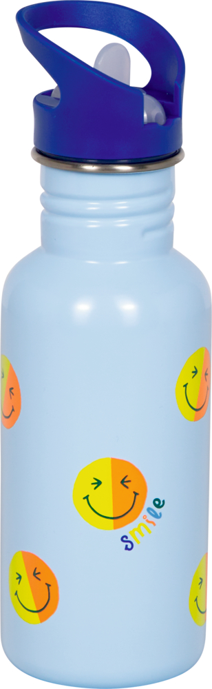 Hellblaue Wasserflasche mit bunten Smiley-Gesichtern und dem Schriftzug Smile, blauer Deckel.