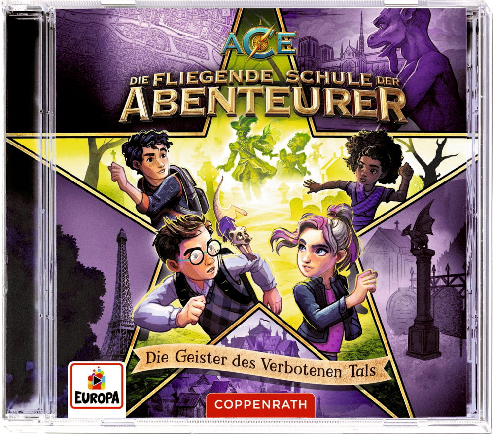 CD Hörspiel: Die fliegende Schule der Abenteurer (Bd. 6) - Die Geister des verbotenen Tals Vier animierte Kinder in Sternpose, geheimnisvolle Ruinen, lila Geister und im Hintergrund ein deutscher Abenteuertitel.