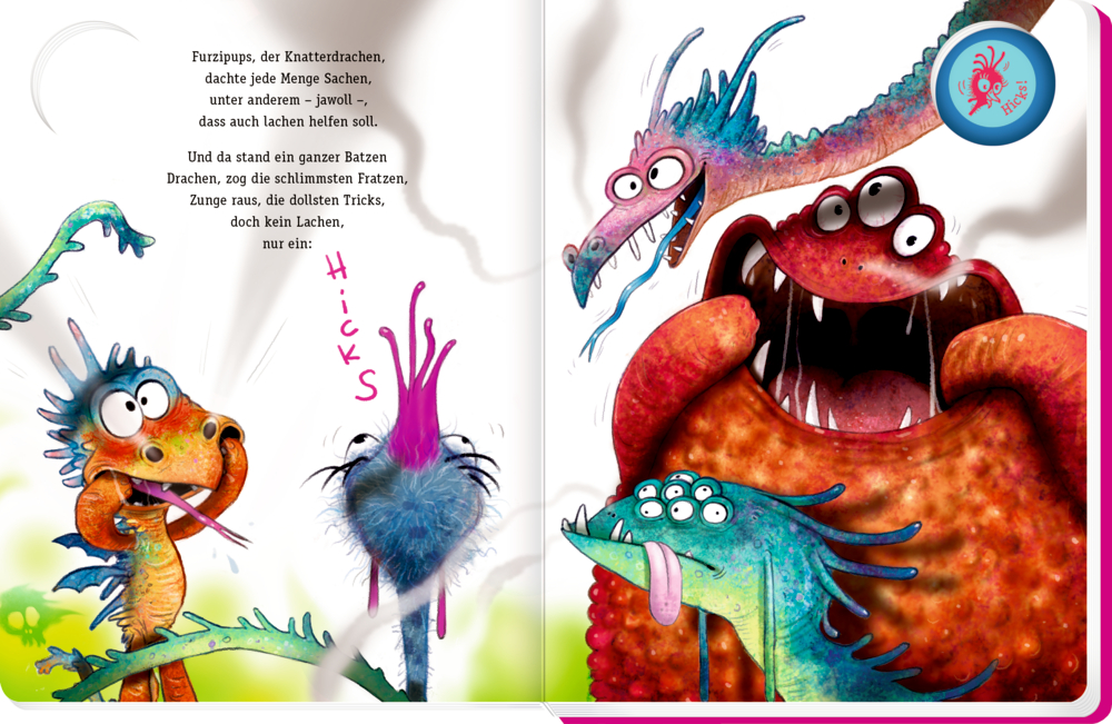 Vier bunte Cartoon-Drachen ziehen Grimassen mit herausgestreckten Zungen in einem illustrierten Buch mit Text.