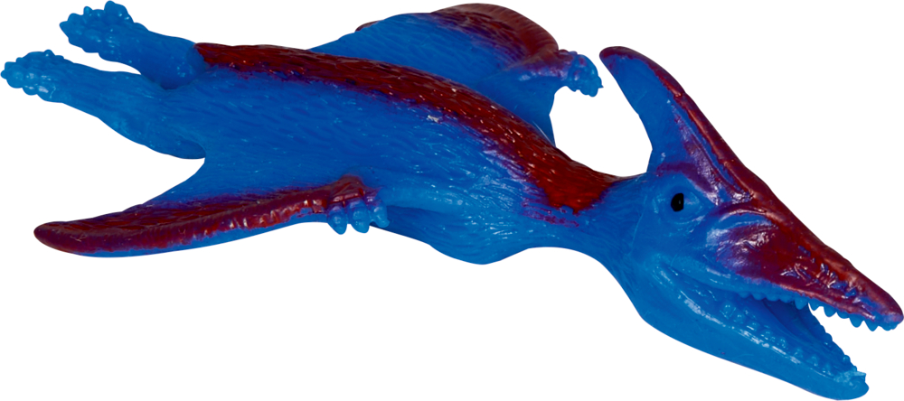 Blaues und violettes Flugsaurierspielzeug aus Kunststoff mit weit ausgebreiteten Flügeln und offenem Maul.