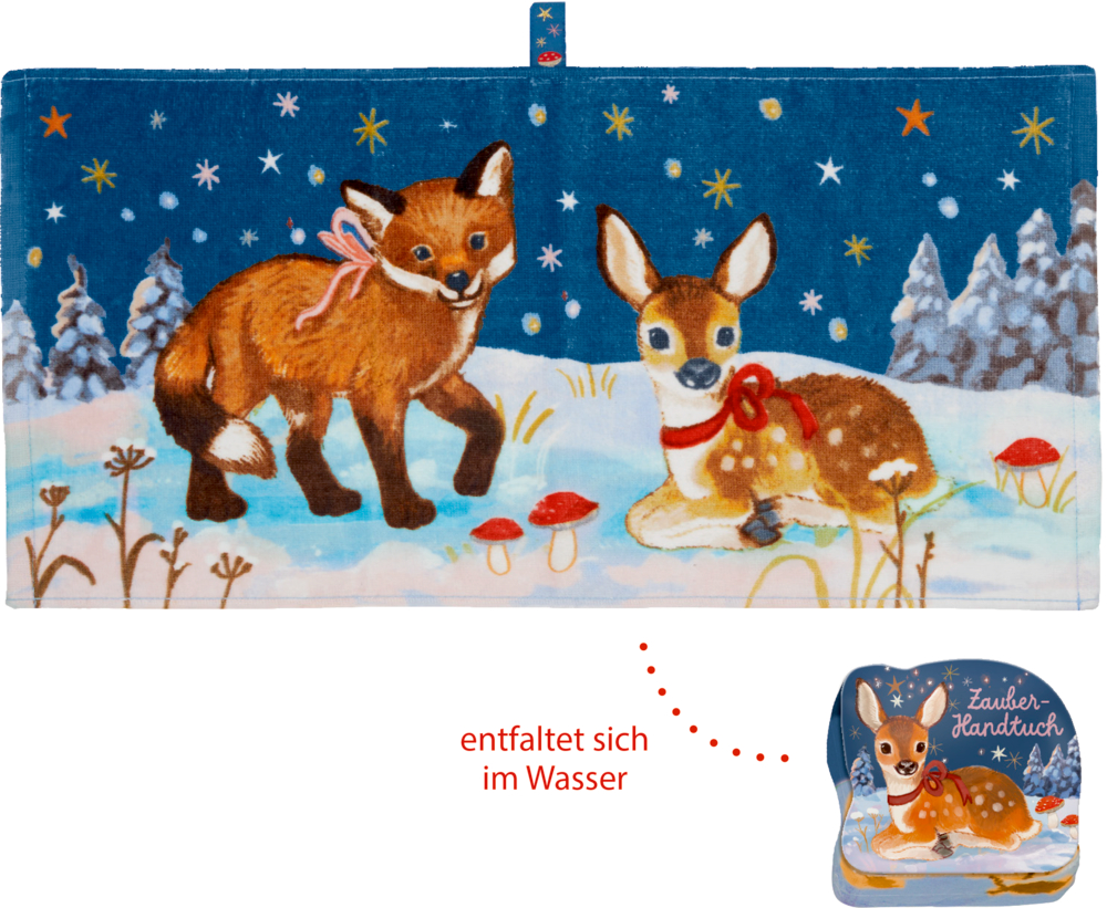 Handtuch mit Fuchs, Rehkitz im verschneiten Wald, Pilzen, Sternen; passende Verpackung mit gleichem Rehkitz-Design.