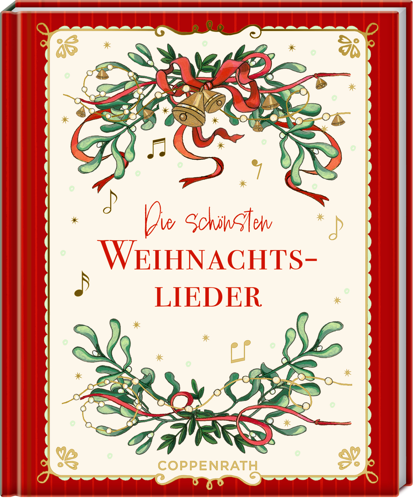 Buch mit rotem Rahmen, Titel „Die schönsten Weihnachtslieder“, verziert mit Mistelzweigen, Bändern, Glocken und Musiknoten.