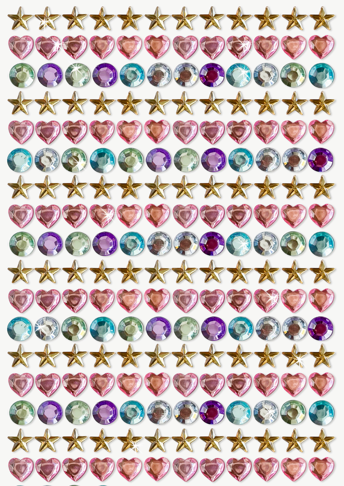 Selbstklebende Schmucksteine in Herz-, Stern- und Rundform in Rosa, Gold und mehreren Glitzerfarben in Reihen angeordnet.