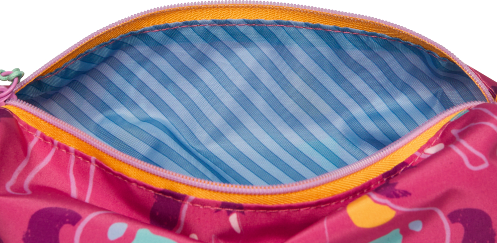 Geöffneter Reißverschlussetui mit sichtbarem blau-weiß gestreiftem Innenfutter.