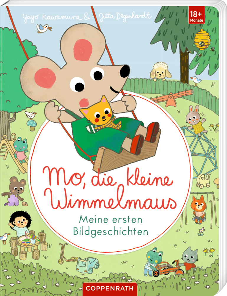 Mo, die kleine Wimmelmaus (mit Buchbonus) Maus schaukelt mit winziger Katze, während kleine Tiere dahinter im Park spielen.