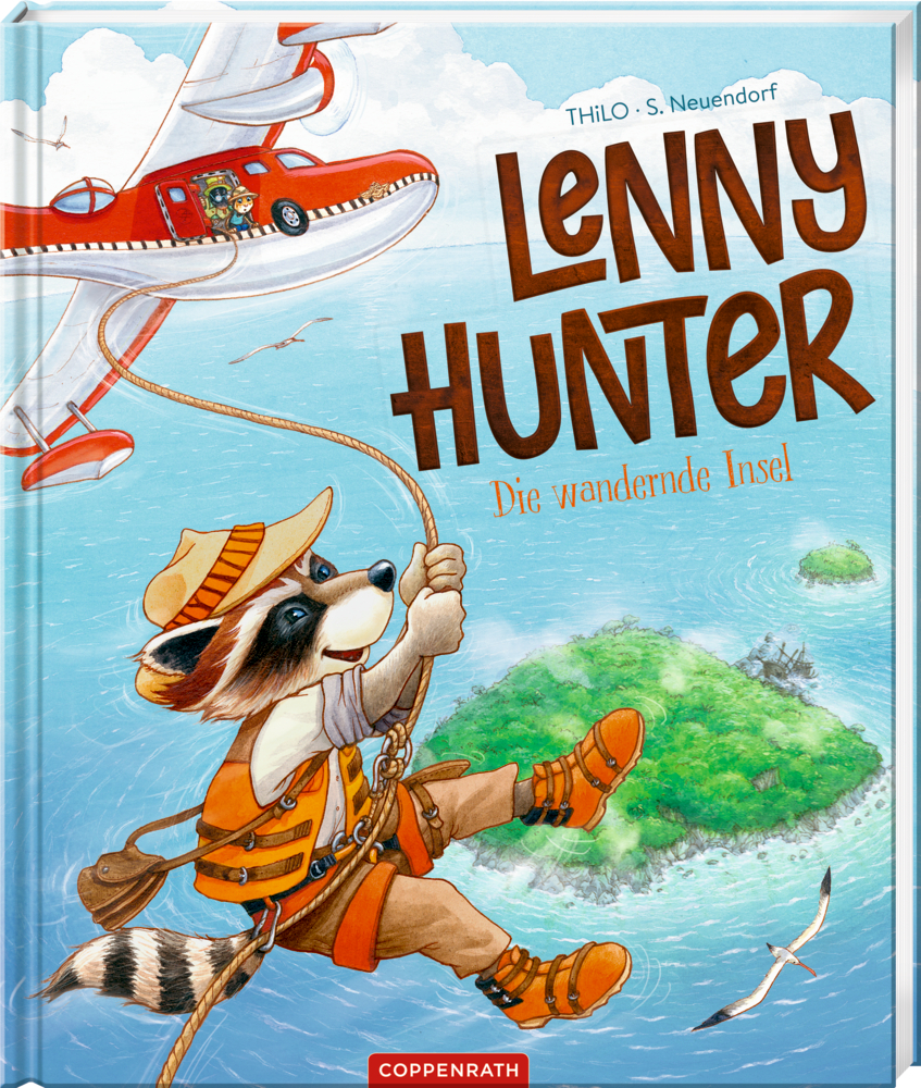 Lenny Hunter (Bd.3) - Die wandernde Insel Lenny Hunter Buchcover: Waschbär seilt sich von einem roten Flugzeug ab. Darunter Meer und eine Insel.