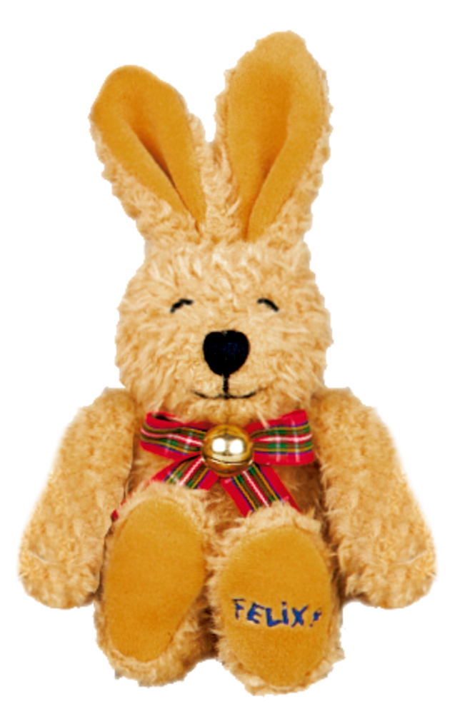 Plüsch-Felix (ca. 24 cm) Plüschhase mit geschlossenen Augen, karierter Schleife und Glöckchen. Auf der Pfote ist "Felix" gestickt.