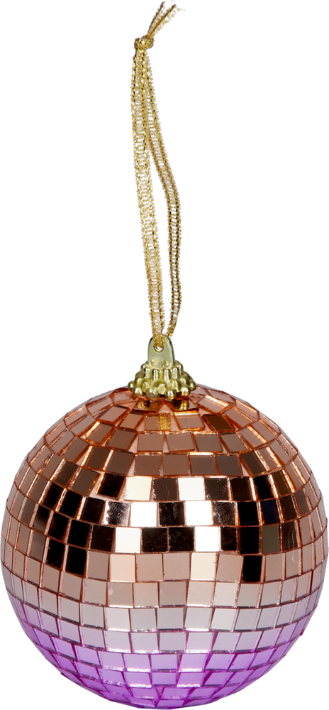 Runde Christbaumkugel mit kupfer- und lilafarbenen Spiegelfliesen und goldener Aufhängekordel.