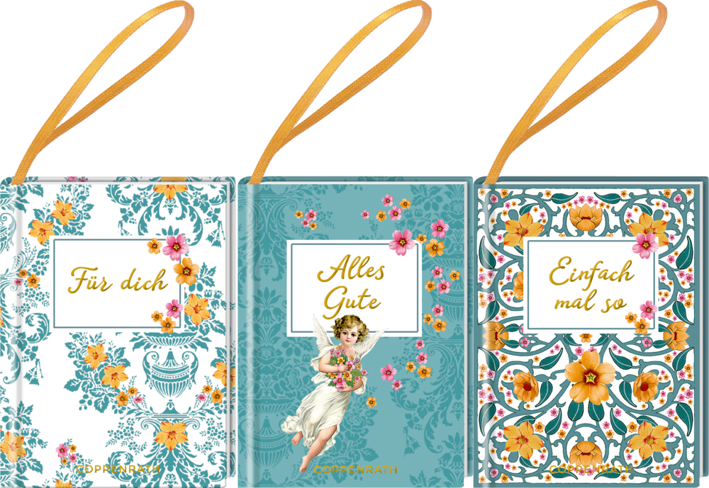 Drei verzierte, blumige Geschenkanhänger in Blau mit gelbem Band und den Aufschriften Für dich, Alles Gute, Einfach mal so.