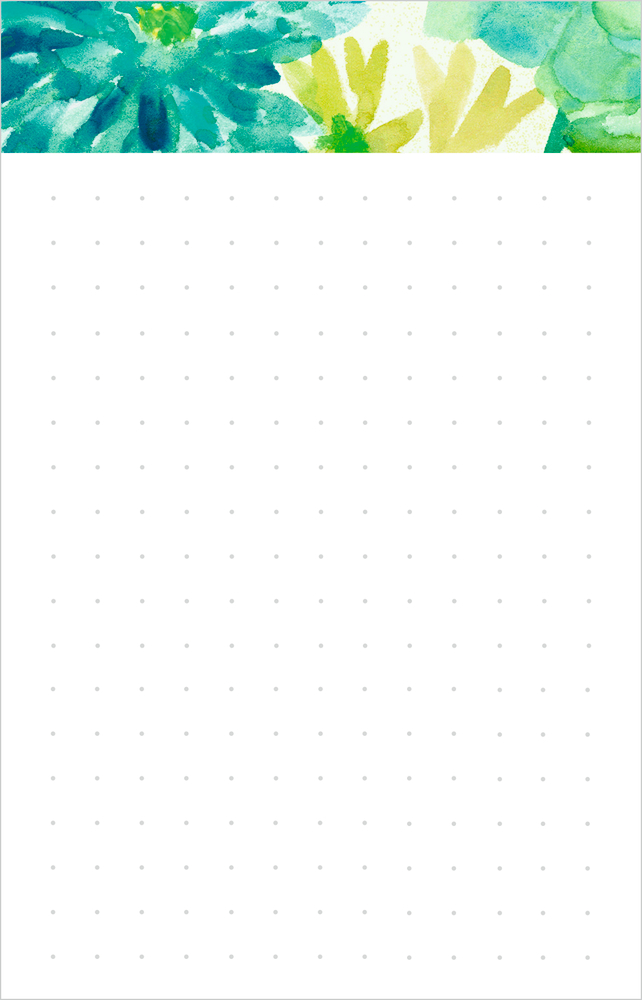 Florale Aquarellumrandung mit türkisfarbenen und gelben Blumen am oberen Rand, gepunktetes Rastermuster auf weißem Hintergrund.
