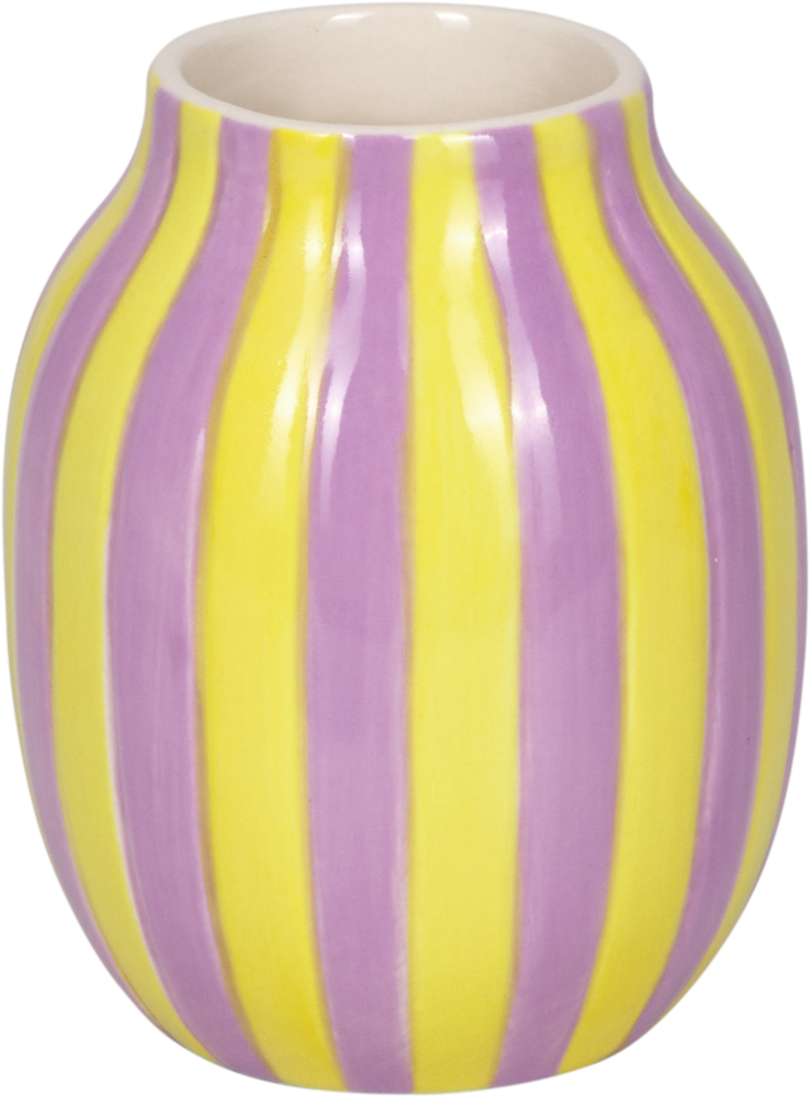 lila/gelb, Kleine Vase - I love Summer Länglich-runde Keramikvase mit vertikalen rosa und magentafarbenen Streifen.