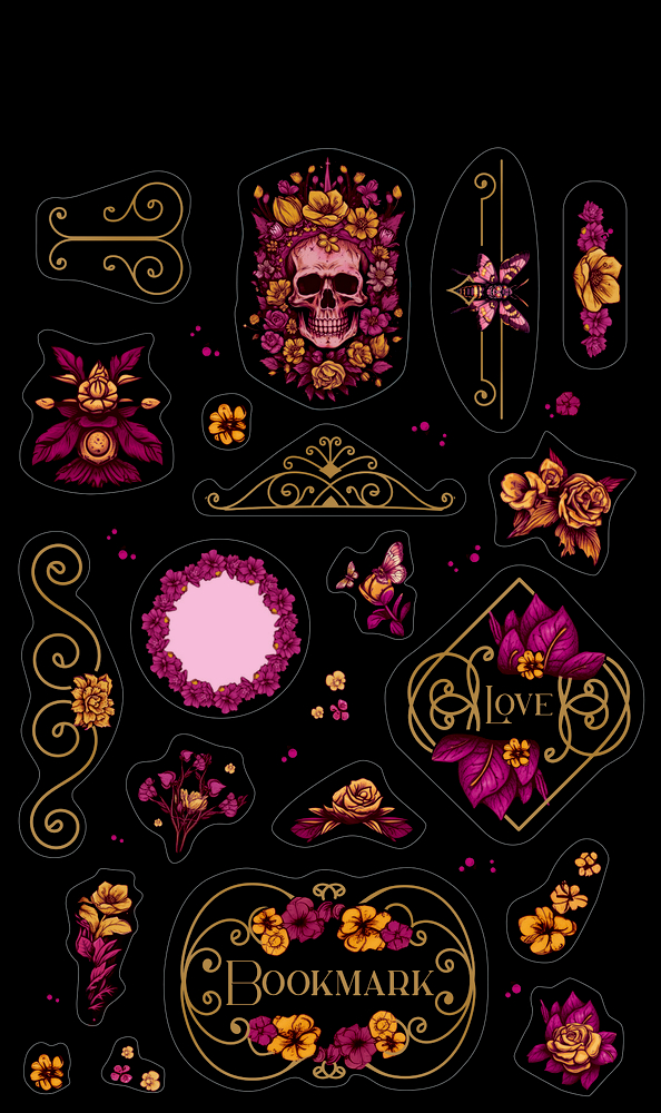 Blumen-, Totenkopf- und Schmetterlings-Aufkleber verziert in Gold, Rosa und Orange auf schwarzem Hintergrund.
