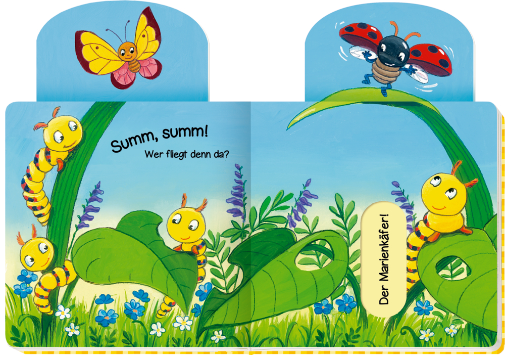 Kinderbuchcover: Heuschrecke, Marienkäfer, Blumen, Titel über Insektengeräusche.