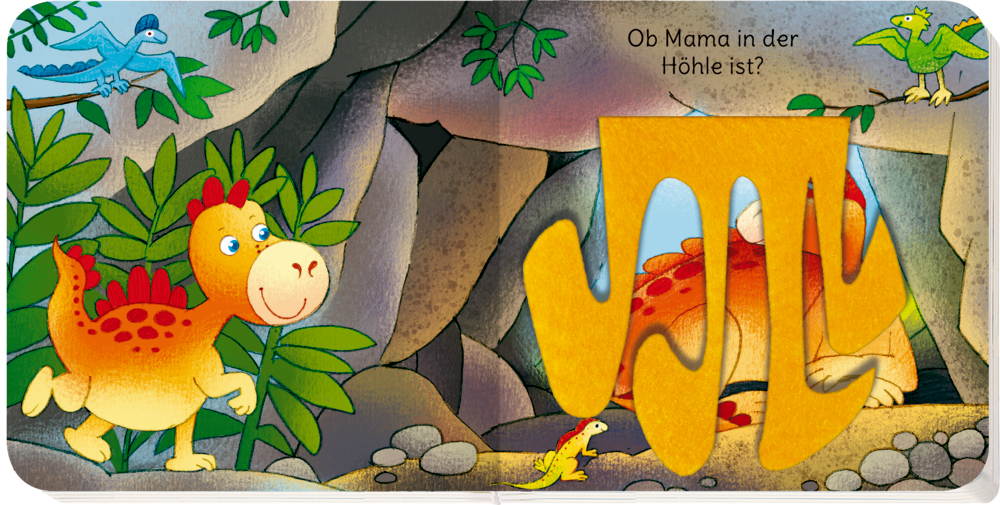 Ein lächelnder Babydinosaurier schlüpft zwischen Pflanzen aus einem lila Ei; mit Titeltext und Mini Fanten-Logo.