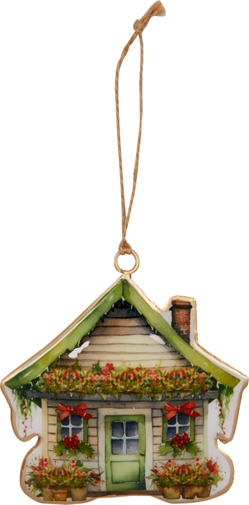 Ornament in Hausform mit Blumen, grünem Dach und Schnur zum Aufhängen.