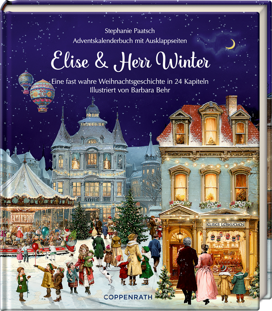 Buchcover mit winterlicher Stadtszene, Menschen auf einem Weihnachtsmarkt vor Häusern und Karussell, Titel „Elise & Herr Winter“.