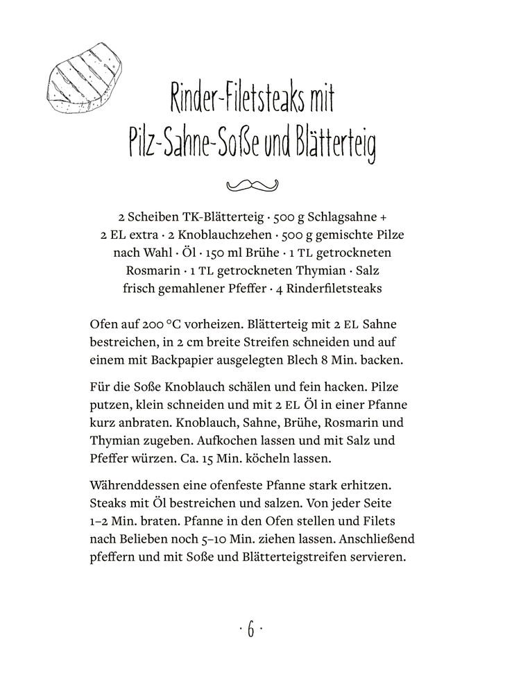 REzept für ein Rinderfiletsteaks mit Champignon-Rahmsauce und Blätterteig, dazu eine Steak-Abbildung.