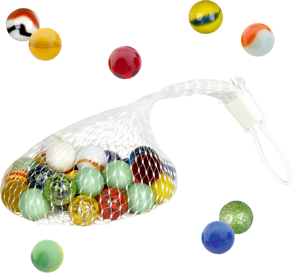 Murmeln Bunte Geschenke In einem Netzbeutel befinden sich bunte Murmeln, wobei einige Murmeln außerhalb des Beutels verstreut sind.